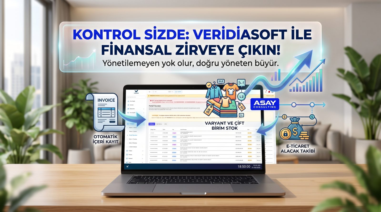 Veridiasoft ön muhasebe programında harici portal faturalarının içeri aktarımı, varyant ve çift birim stok takibi ile e-ticaret alacak yönetimini gösteren bilgisayar ekranı ve ASAY Consulting logosu.