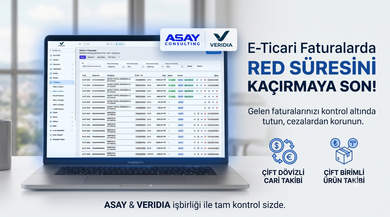 Veridia e-fatura gelen fatura takip ekranı, e-ticaret fatura red süresi kaçırma çözümleri, ASAY Consulting çift dövizli cari ve ürün takibi yazılım görseli.