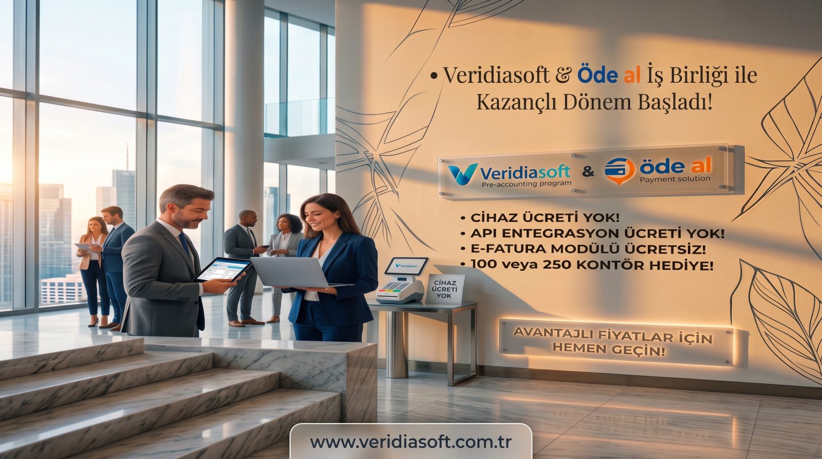 VeridiaSoft ve ÖdeAl iş birliği kampanyası - Ücretsiz e-fatura modülü, cihaz ücreti ve API entegrasyon ücreti yok, hediye kontör fırsatı sunan kurumsal ön muhasebe yazılımı