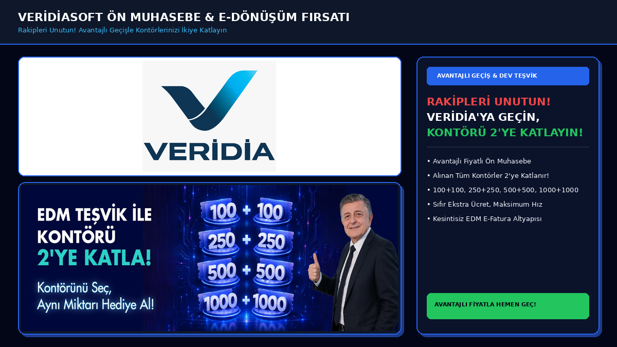 Beyaz alanda Veridiasoft logosu, EDM Teşvik ile Kontörünü 2'ye Katla görseli ve Rakipleri Unutun Veridia'ya Geçin Kontörü 2'ye Katlayın sloganı içeren mavi-koyu temalı Instagram Reels kampanya afişi.